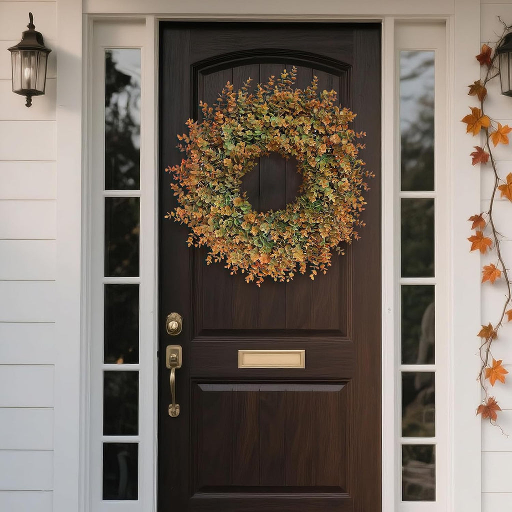 26" Large Fake Eucalyptus Fall Wreath for Front Door Decor(Orange-Green)