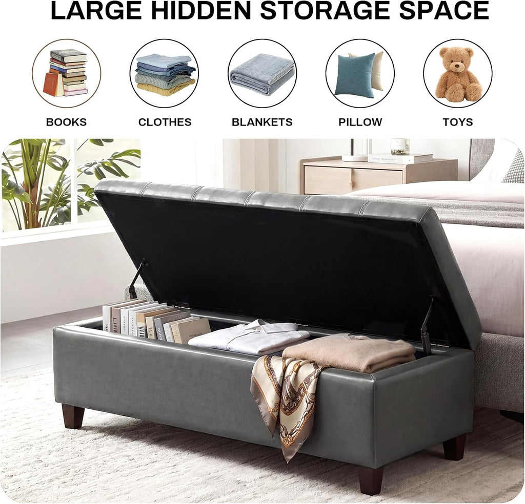 Ottoman with Storage 51" Faux Leather Storage Ottoman Bench | Upholstered Ottomans with Hinged Lid, Rectangle Long