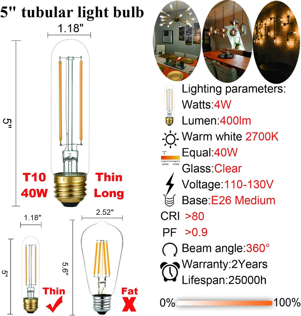 T10 Led Bulb,Dimmable,E26 Led Bulb 40w,Warm White 2700K,Clear