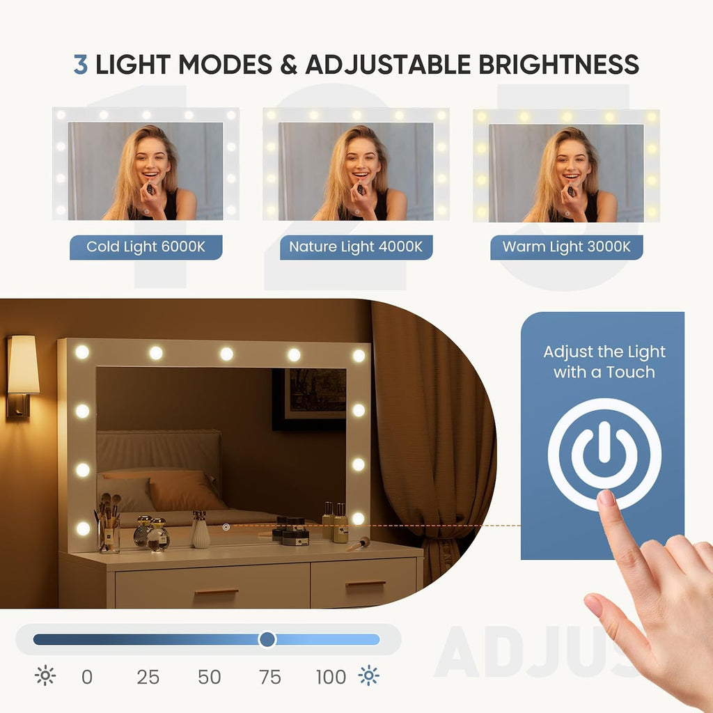 Makeup Vanity Desk with Mirror and Lights, Charging Station | 11 LED Bulbs, Dressing Table, Large Cabinet, 2 Drawers