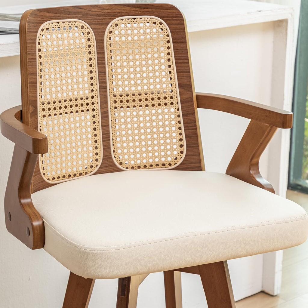 Mid Century Counter Stools, Rattan Swivel Counterstools with Walnut Finish