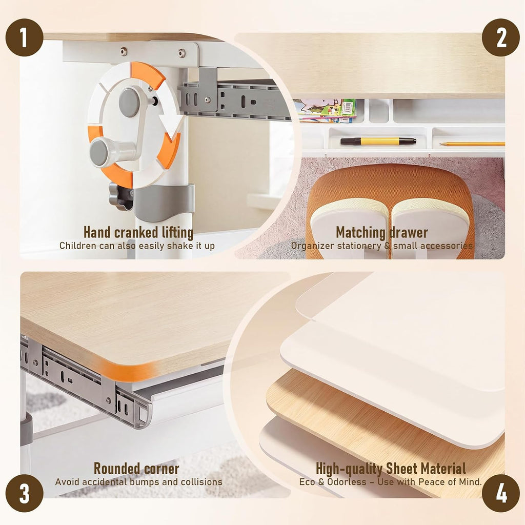 Kids Desk and Chair Set, Adjustable Study Table with Tiltable Desktop & Storage Drawer, Ergonomic Desk for Boys