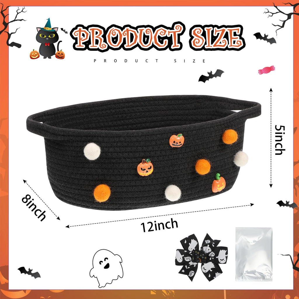 Halloween Woven Gift Basket Empty with Bow Clip Wrap Bag, Black