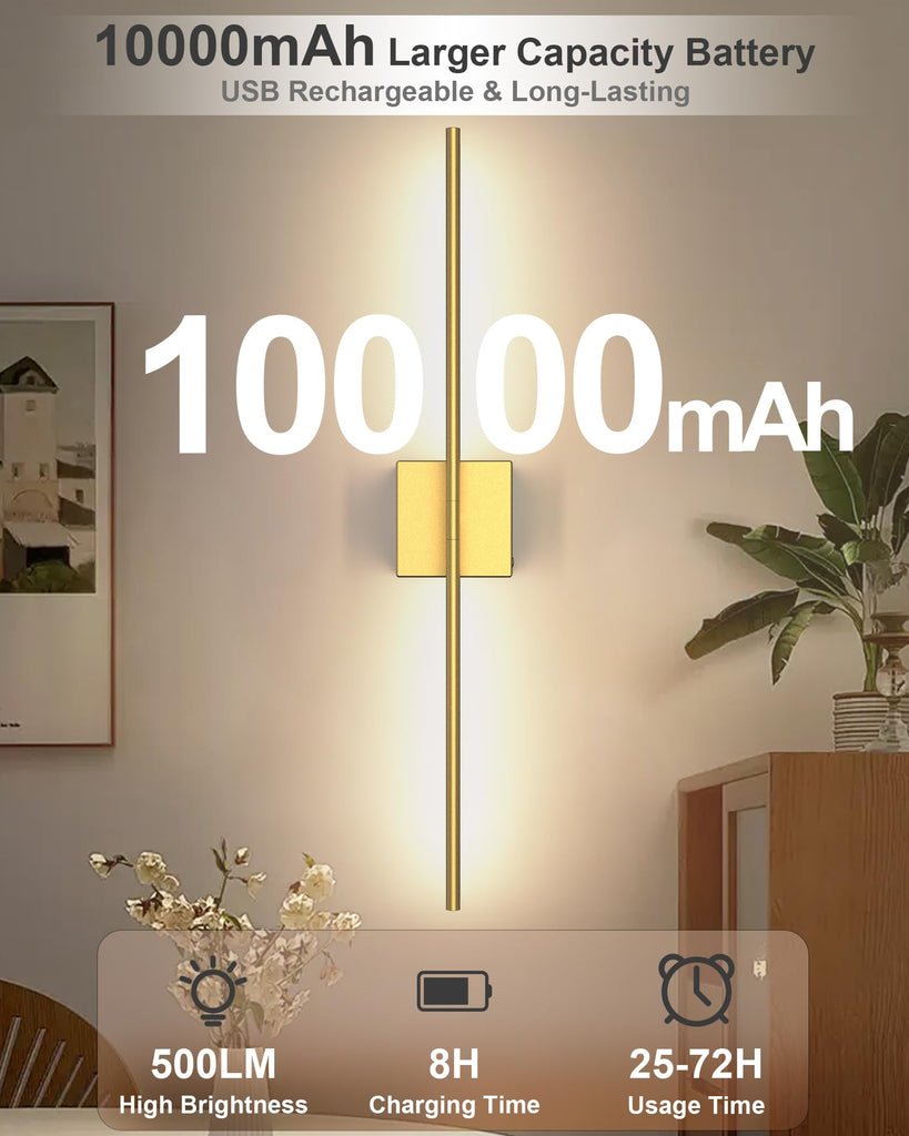Battery Powered Wall Sconce Set of Two: Gold Wireless Rechargeable Wall Lights with Touch and Remote Control