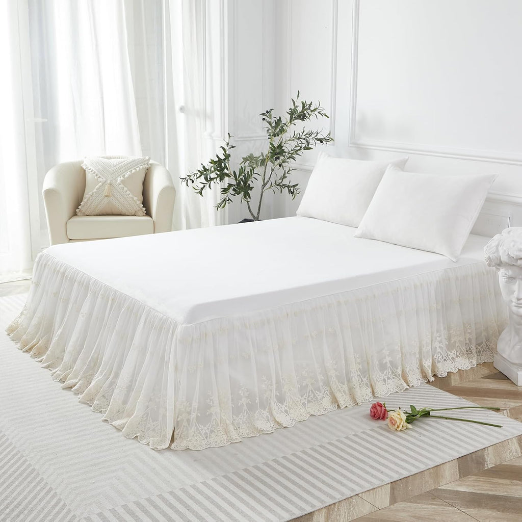 Luxury Ivory White Lace Bed Skirt Queen Size Split Corners Romantic Vintage Girls Bed Cover Dust Ruffle Bed Skirts 18