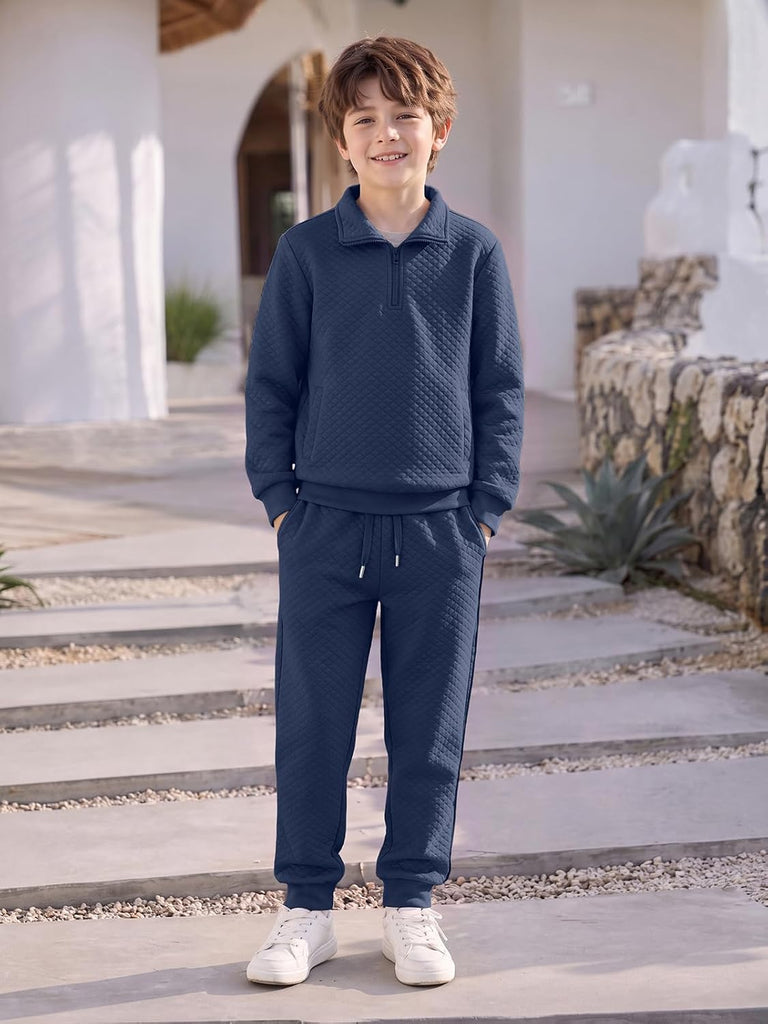 Boys 2 Piece Outfits Quilted Quarter Zip Sweatshirt and Jogger Set