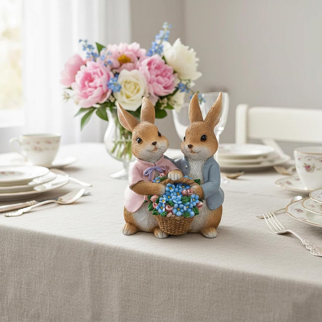 Bunny Statue Resin Flower Basket Rabbit Easter Spring Desk Home Decor Gift