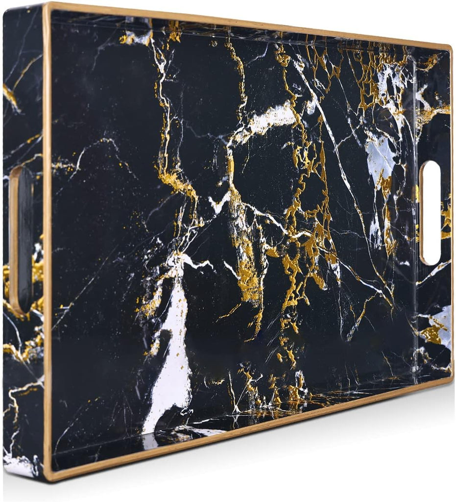 Black Serving Tray,Marble Decorative Serving Trays with Handles, Coffee Table Tray Ottoman Rectangular Plastic Trays