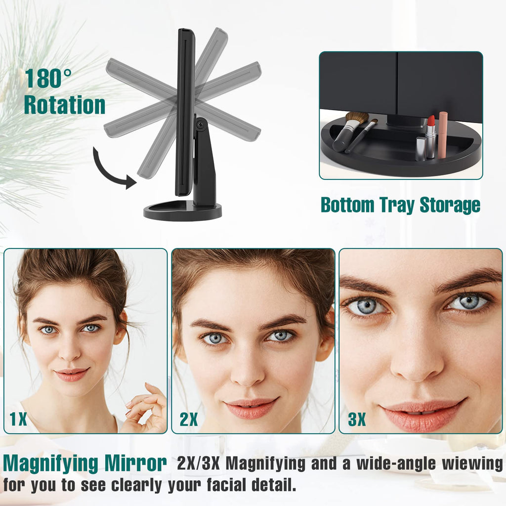 Lighted Makeup Mirror, 1-3X Magnifying Trifold LED Vanity Mirror