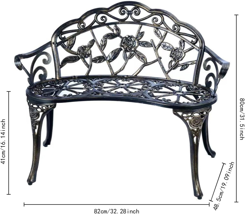 Patio Garden Bench Metal Park Bench Cast Aluminum Outdoor Furniture with Floral Rose ,Park,Lawn,Yard (Copper)
