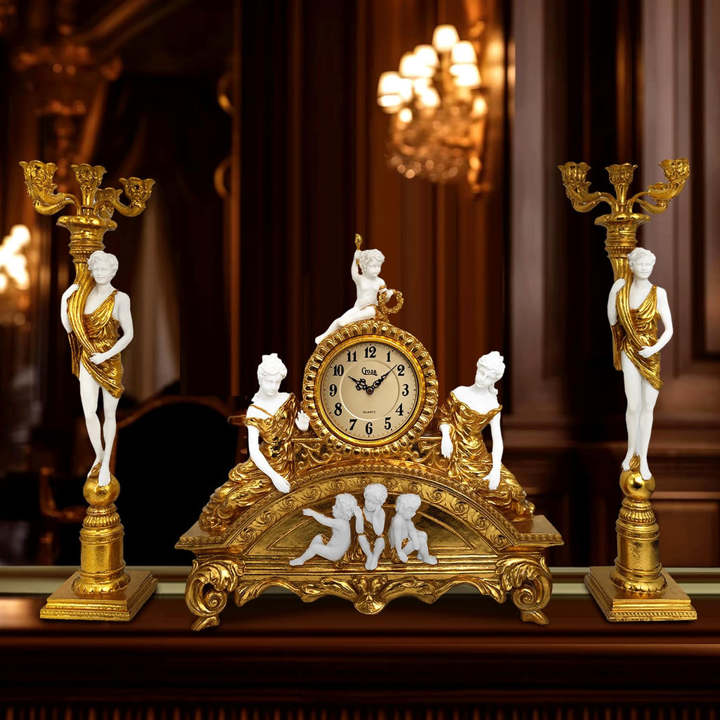 23''H Ornate Rococo Mantel Clock with Candelabras Candle Holders