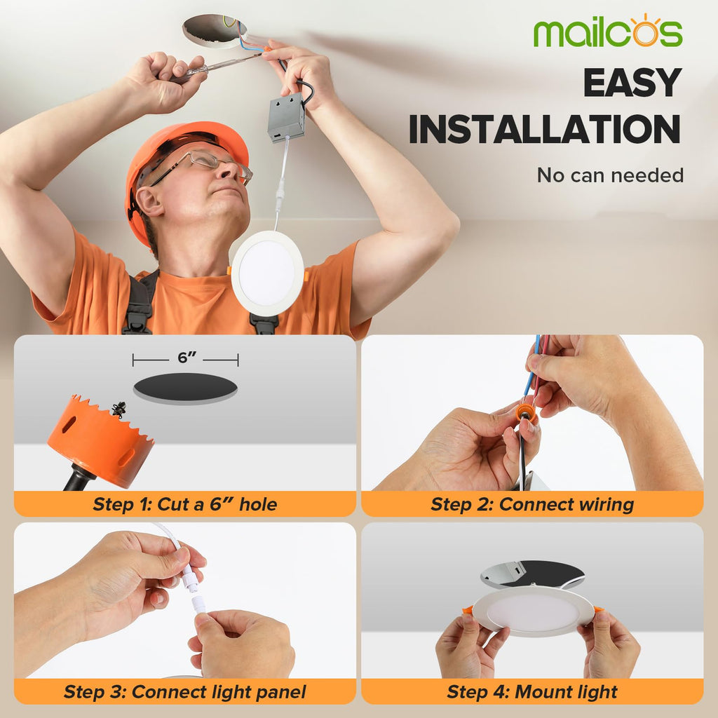 12 Pack 6 Inch 5CCT Ultra-Thin LED Recessed Ceiling Light with Junction Box, 2700K-5000K Selectable, 1050LM High