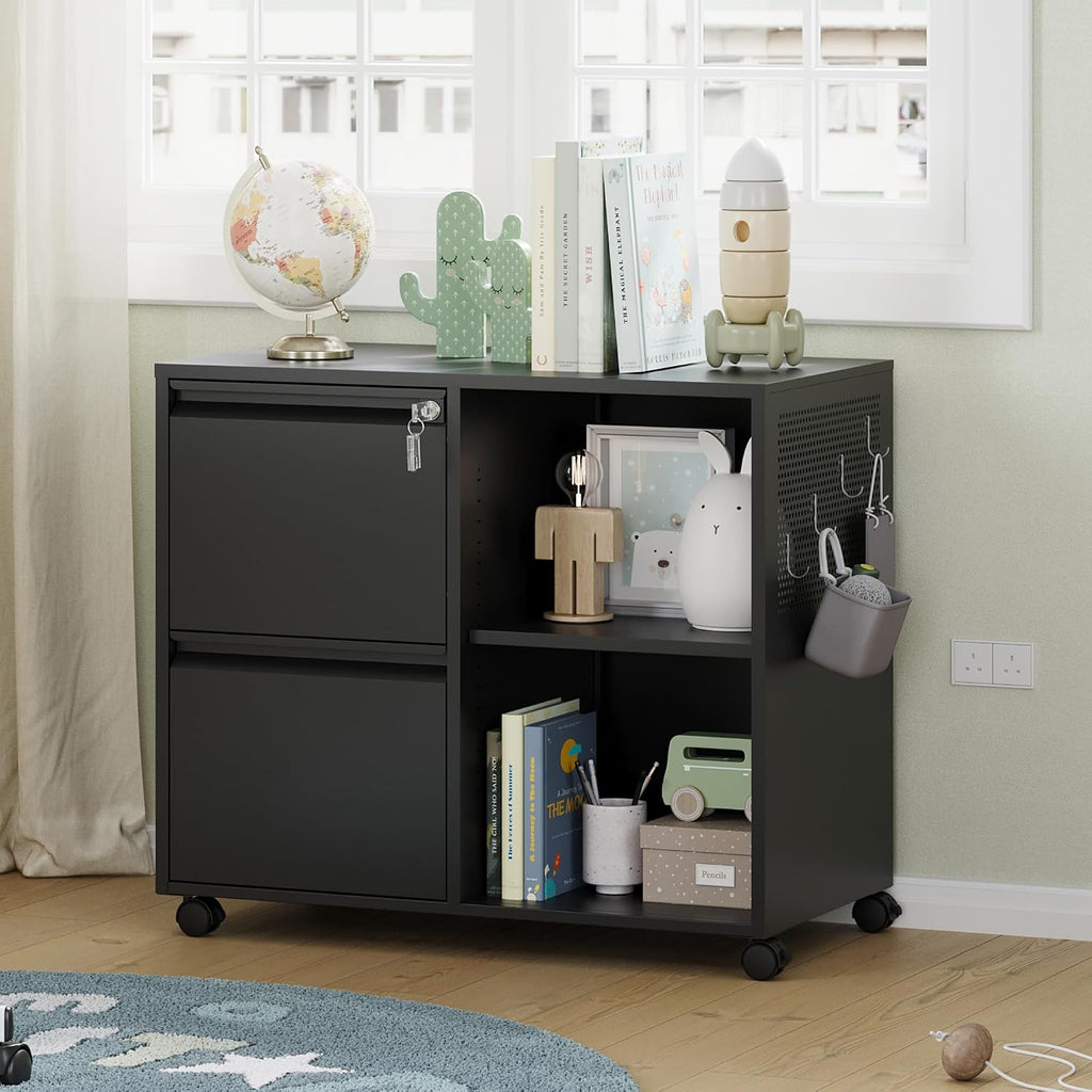 Mobile File Cabinet, Metal Lateral Rolling Printer Stand Filing Cabinets with Shelves -Storage A4/F4 (Black)