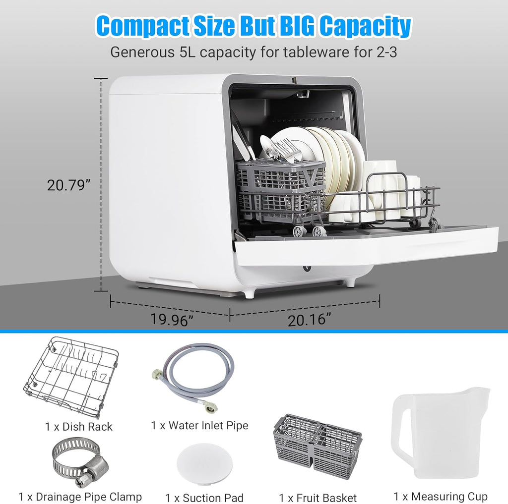 Portable Countertop Dishwasher with 5L Built-in Water Tank, Dishwasher 6 Washing Programs, Glass Door Dishwasher
