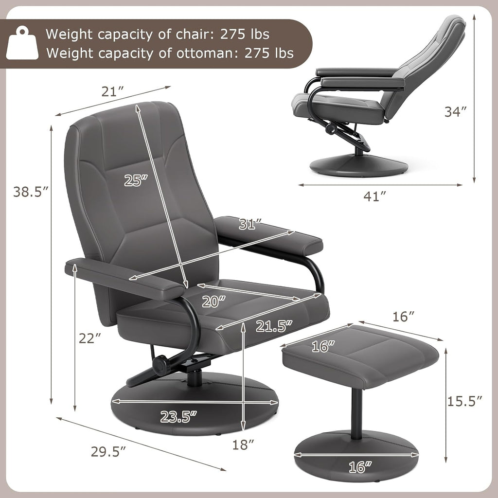 Modern Reclining Swivel Lounge Chair and Ottoman — Black Faux Leather