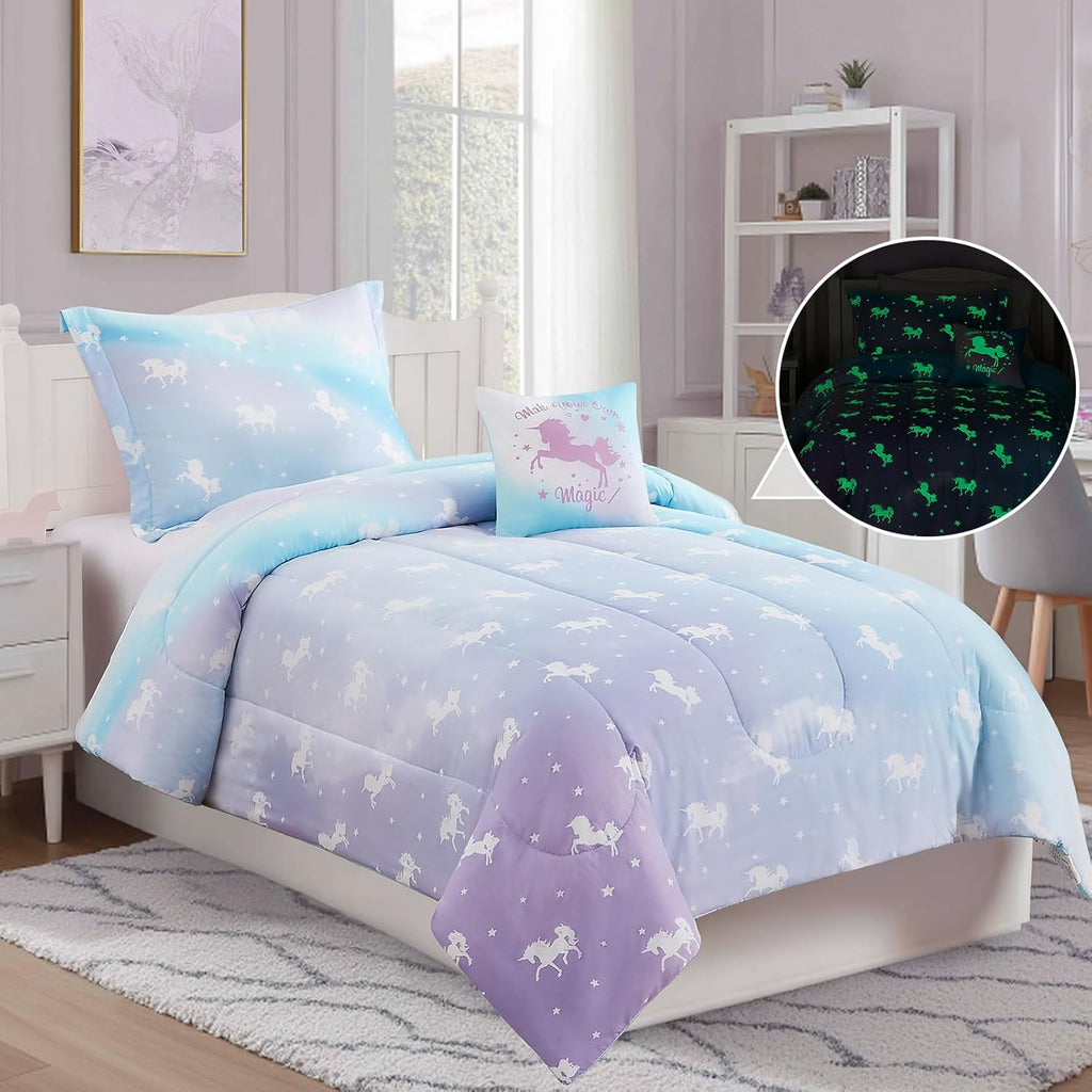 Twin Comforter Set for Girls-3 Pieces Unicorn Glow in the Dark Twin Bedding Sets for Kids,1 Comforter,1 Sham and 1