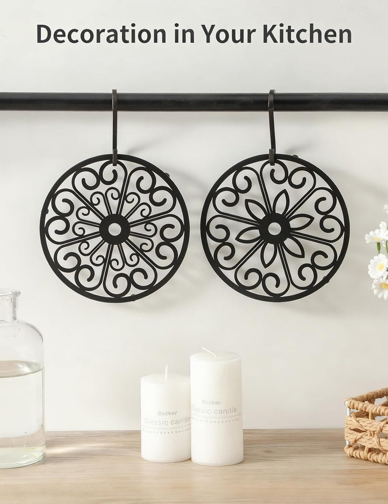 Decorative Round Flower Trivets - 7 Inch Iron Pot Pads, Black Elegant Kitchen and Dining Table Protector - Set of 2