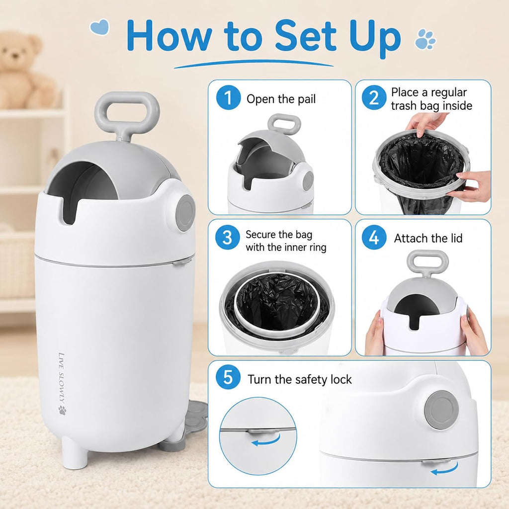 12L Baby Diaper Pail Odor Locking with Airtight Lid & Child Safe Lock,White