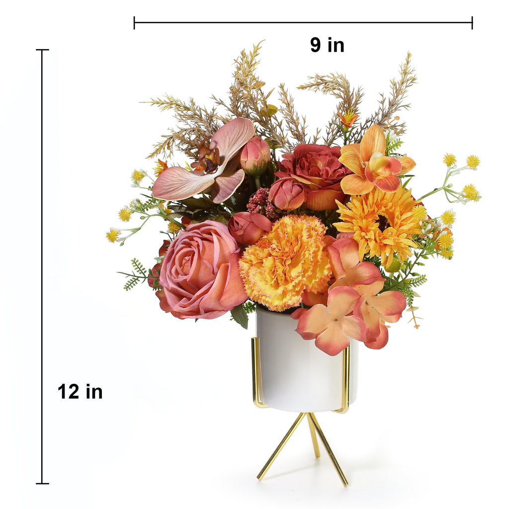 Artificial Flower Arrangement with Ceramic Vase and Gold Metal Stand, Orange and Terracotta Mixed Seasonal Flowers