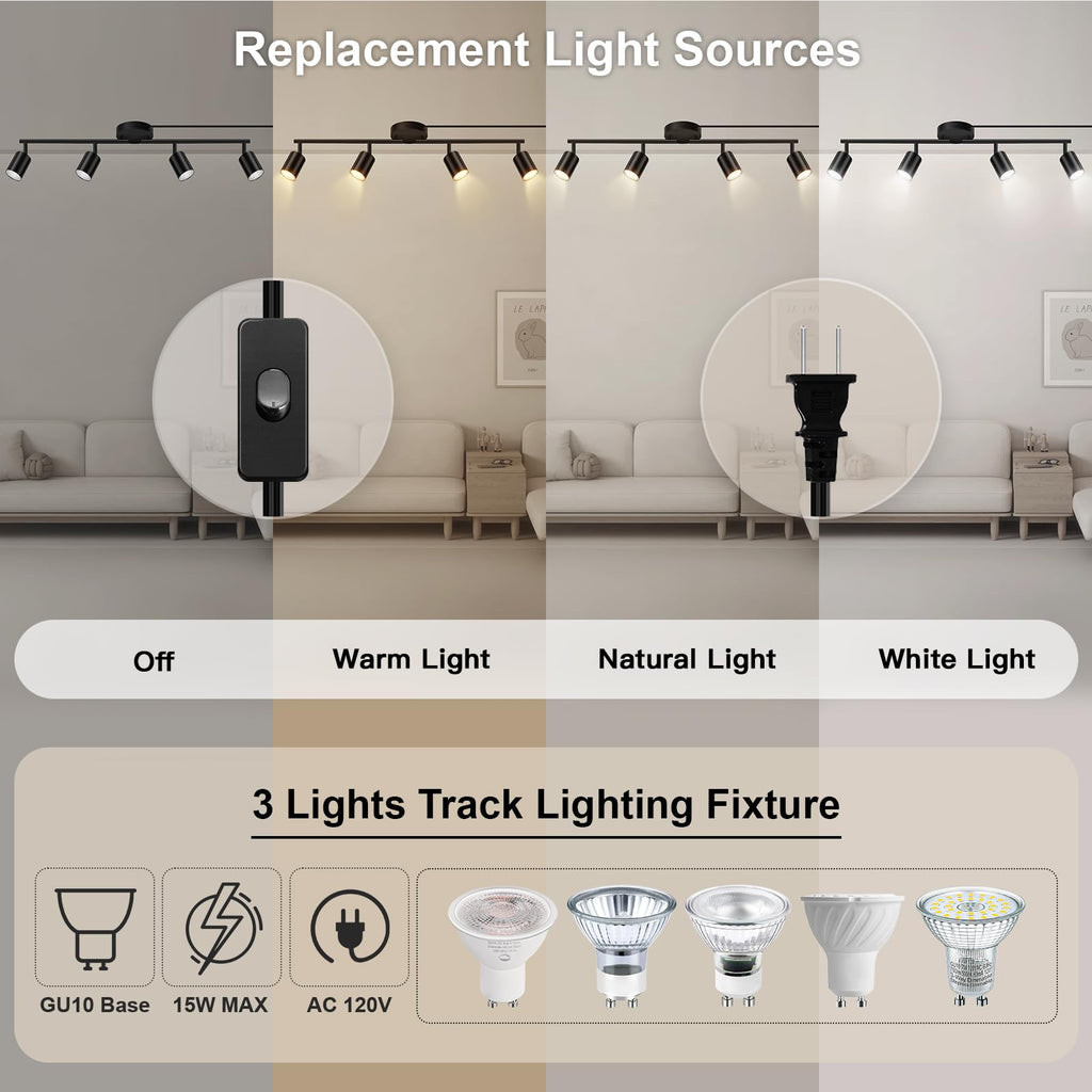 Plug in Track Lighting LED, Track Lighting Fixtures Ceiling, Black 4-Light Kitchen Light Kit, Plug in Wall Light