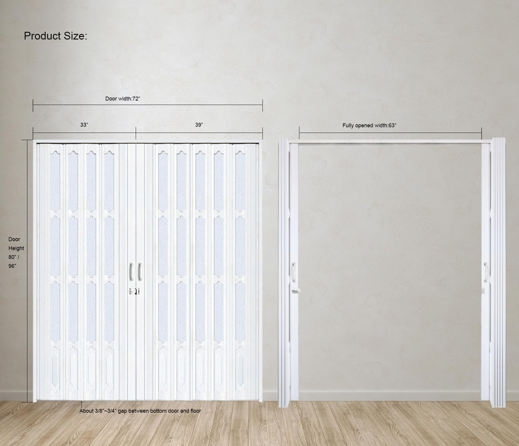 72X96in Interior Double Glass Accordion Door for Big Opennings, White