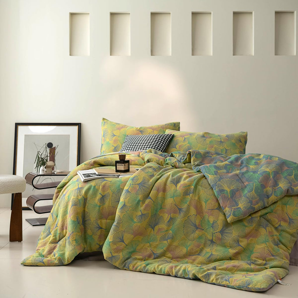 100% Cotton Gauze Jacquard Comforter Set, Floral Ginkgo Leaf Print, Soft 2 Layers Reversible Lightweight 3 Piece