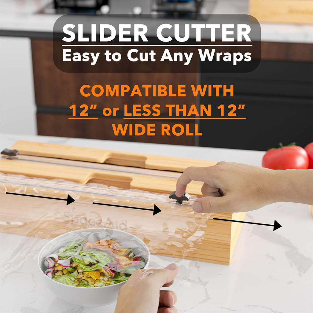 WrapNeat 2 in 1 Wrap Organizer with Cutter and Labels, Plastic Wrap, Aluminum Foil and Wax Bamboo Dispenser Storage