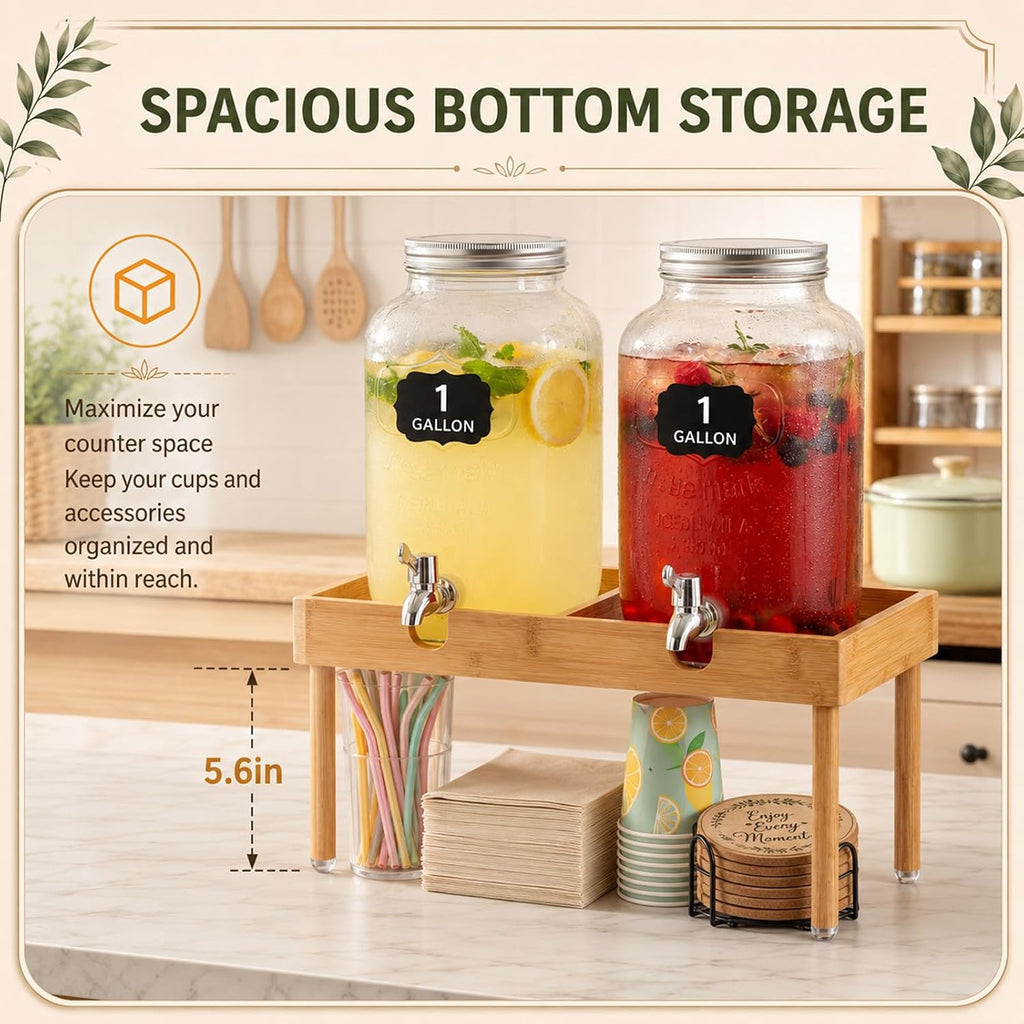 1 Gallon Bamboo Drink Dispenser Stand Beverage Dual Dispenser Stand