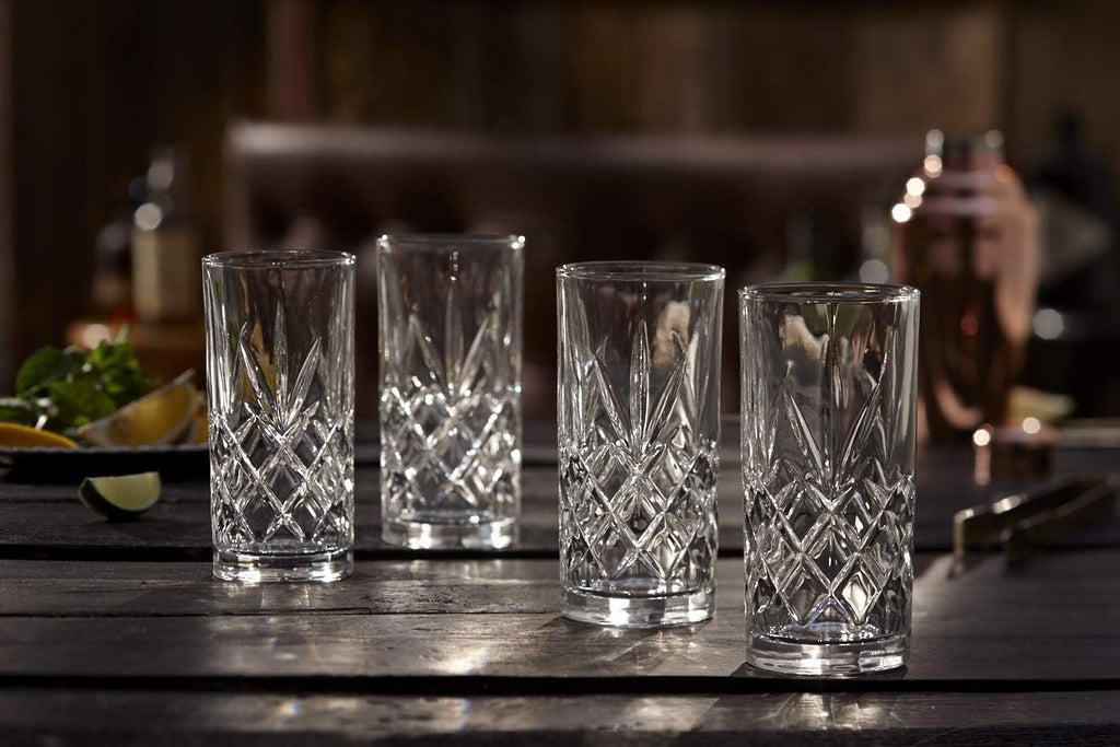 Kinsley Tall Highball Glasses Set of 8, 12 Ounce Cups, Textured Designer Glassware for Drinking Water, Beer, or Soda