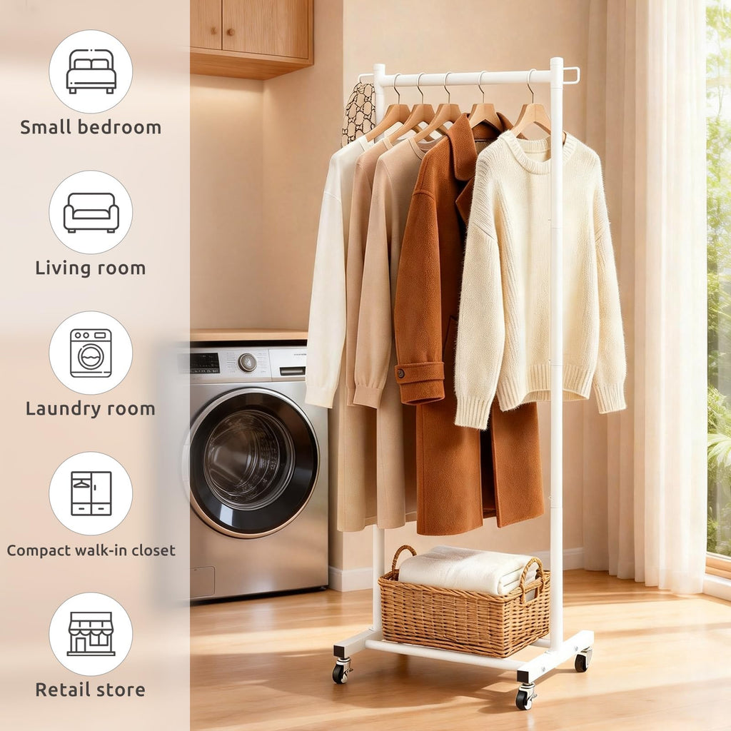 63-Inch White Clothes Rack with Shoe Shelf and Side Hooks