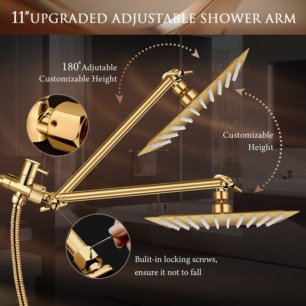 10" Gold Shower Head with Handheld, 5 Spray Handheld with 11" Extension Arm