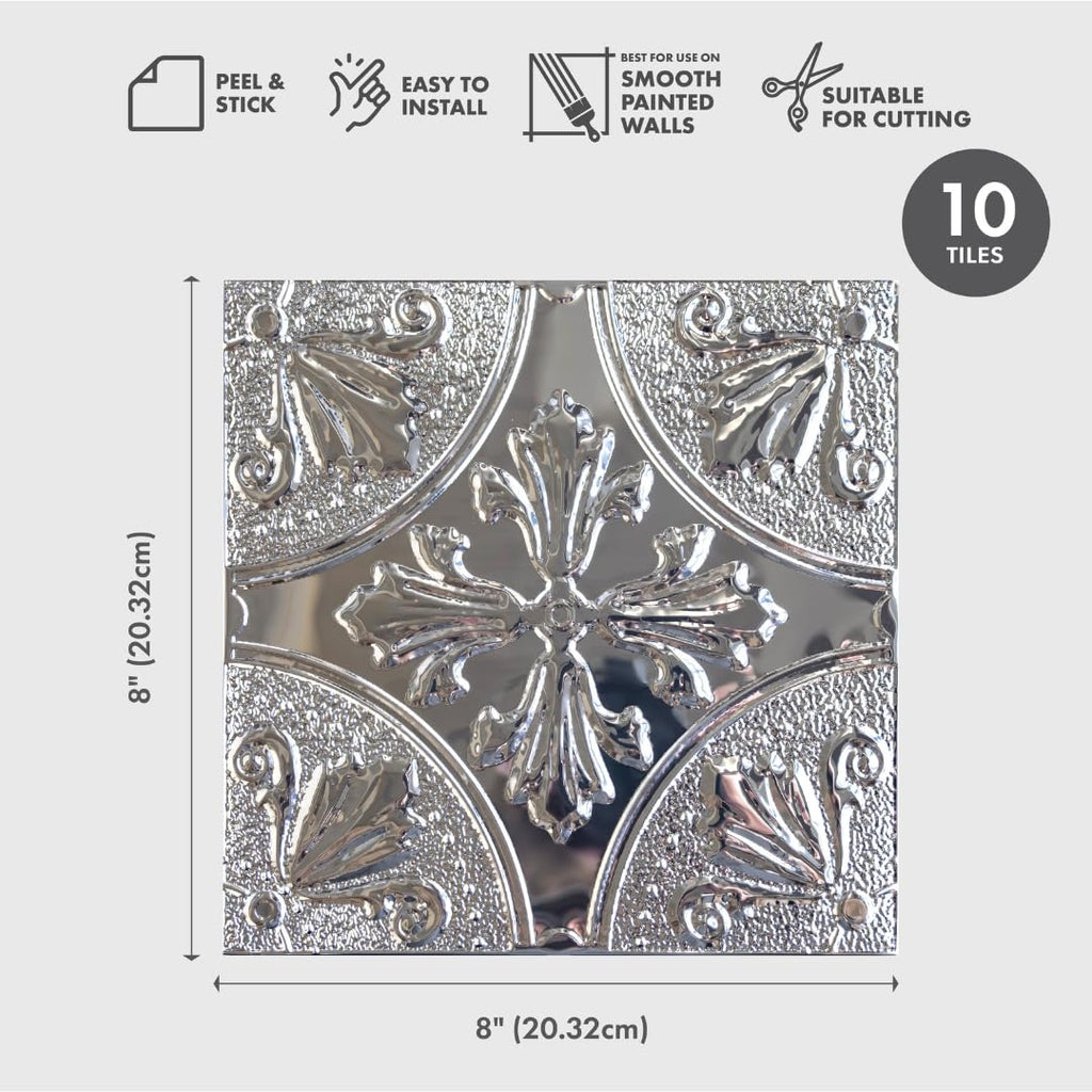 Peel and Stick Metal Backsplash Tiles, Silver Fleur, 10-Pack