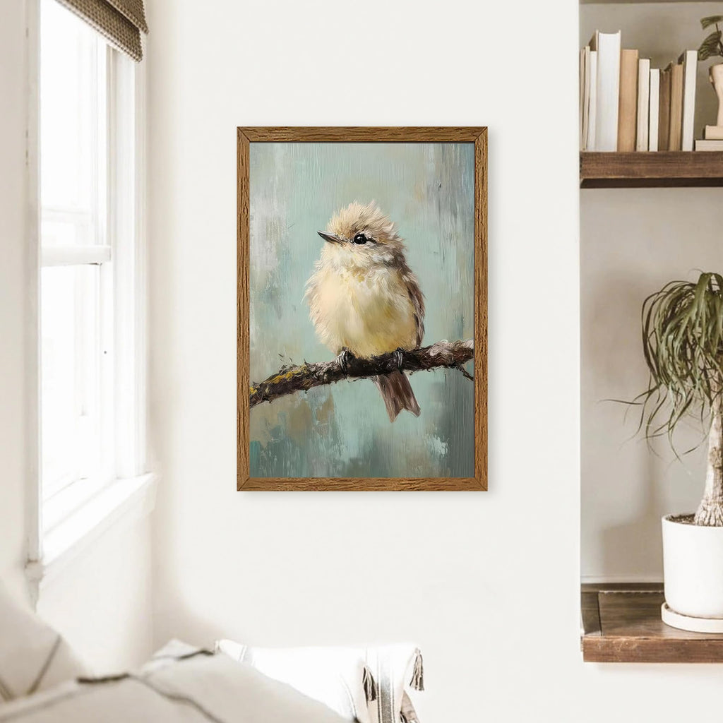 Cute Funny Fluffy Bird on Branch Wall Art Canvas Framed 20x30 inches