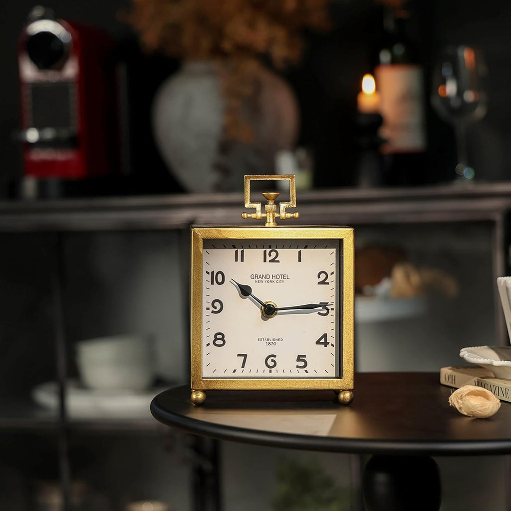 HOME Small Gold Table Clock, Silent Non-Ticking Classic Battery Operated Decorative Mantel Desk Shelf Clock for