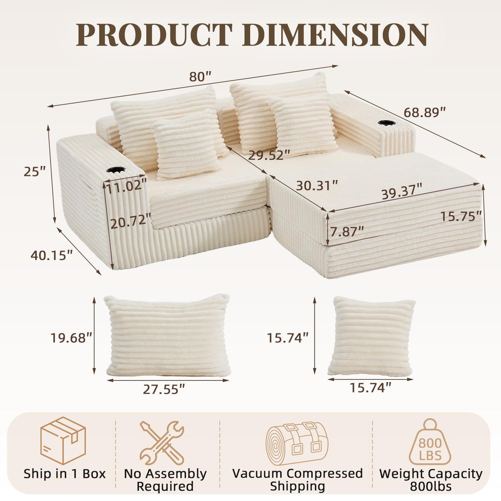 80" Cloud Modular Sectional Sofa, Boneless Corduroy Couch Sofa with Cup Holders & Side Pockets, L-Shaped Couch with