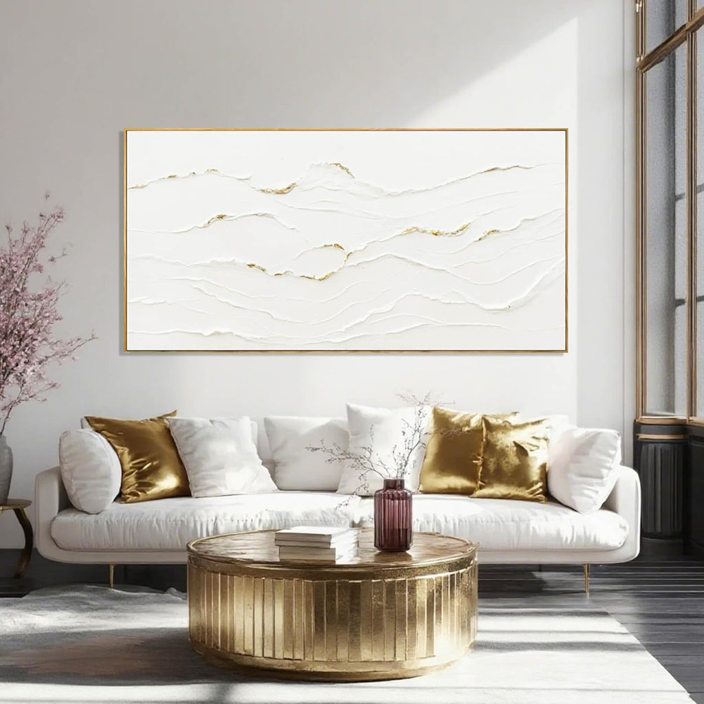 Minimalist White and Gold Line Artwork with Frame Hand Painted Abstract Canvas Wave Wall Art Living Room Office