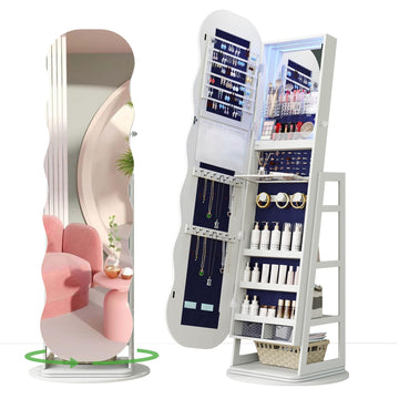 360° Swivel Jewelry Cabinet with Lights, LED Jewelry Armoire with Mirror, Wavy Wide Full-Length Mirror with Storage