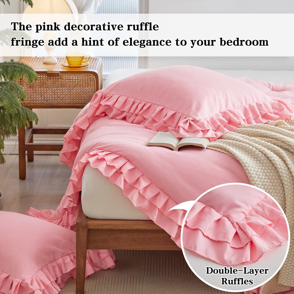Pink Ruffle Comforter Set, 3 Pieces (1 Ruffled Comforter and 2 Pillowcases) Farmhouse Shabby Chic