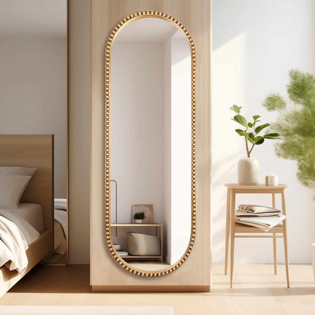 Oval Full Length Mirror, 20"x53" Metal Beaded Frame Large Hanging Dressing Floor Mirror, Antique Gold (No Stand)