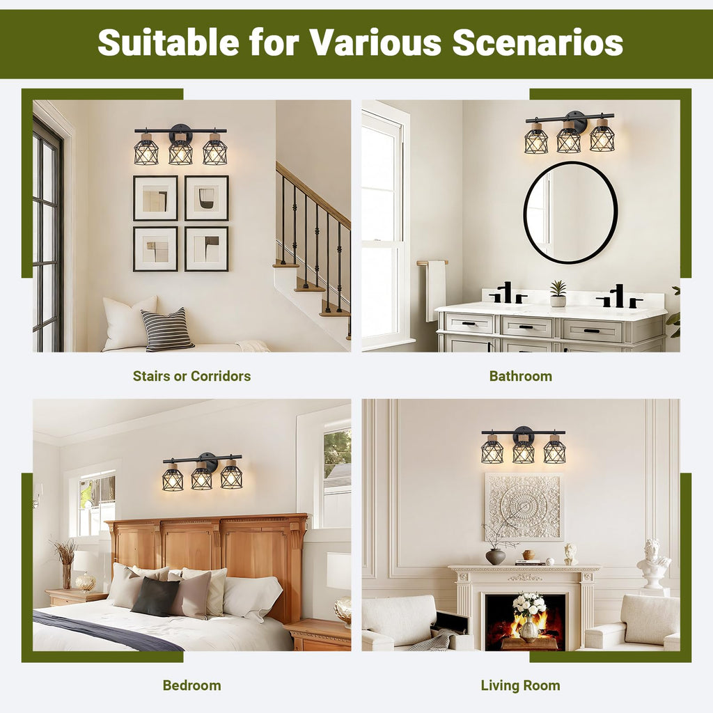3-Light Farmhouse Bathroom Vanity Light Fixtures Over Mirror, Matte Black Vanity Lights with Metal Cage Lampshade
