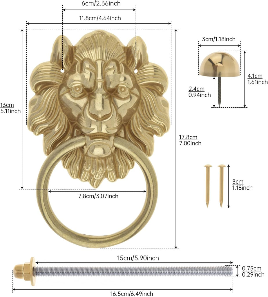 Door Knockers ,7 Inch Solid Brass Lion Head Shaped Vintage Door Knocker with Strike Plate,Heavy Duty Decorative Gate