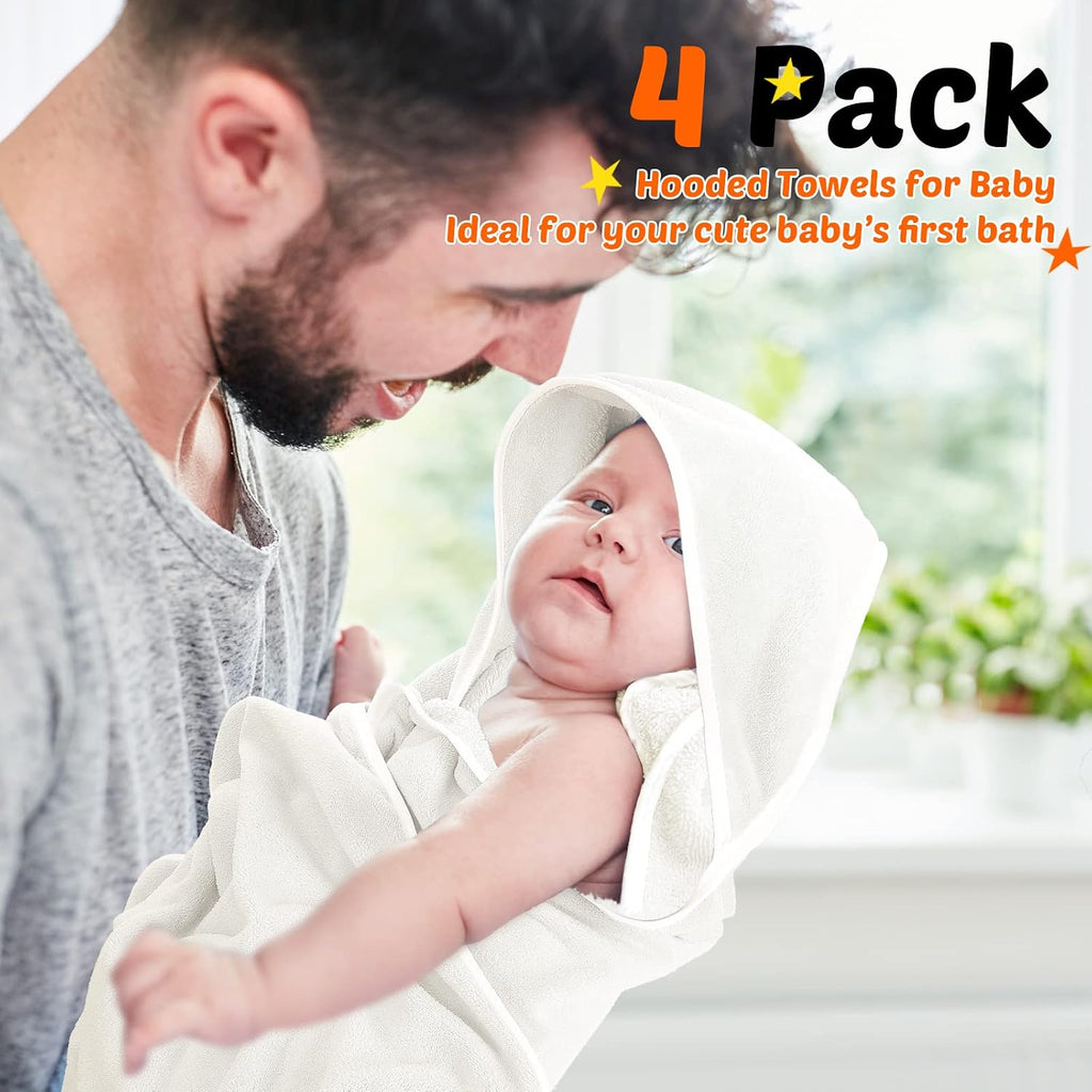 4 Pack Soft 100% Coral Fleece Hooded Baby Bath Towels, White