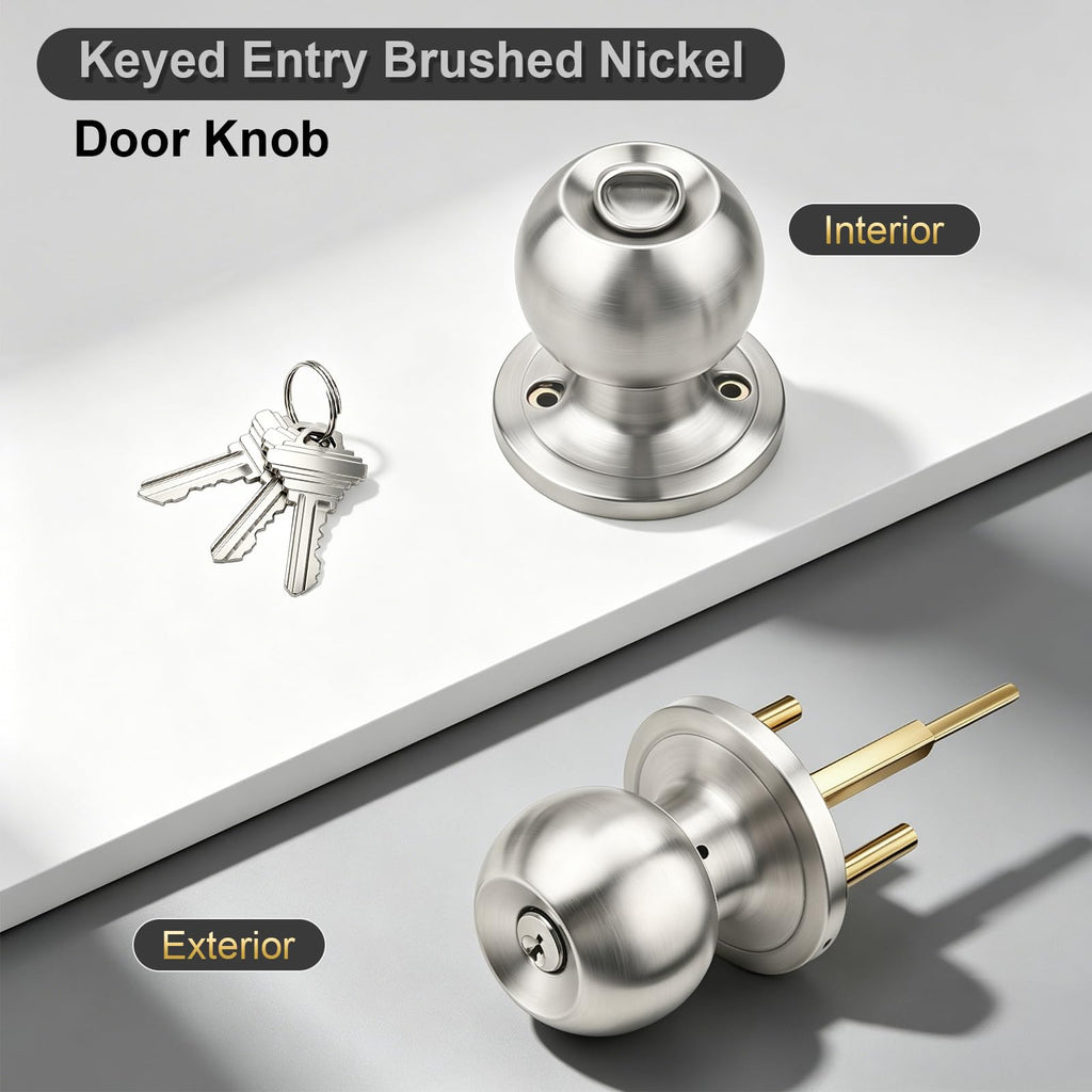 2 Pack Entry Door Knob with Lock, Keyed Different Door Lock for Exterior Door and Front Door, Standard Ball, Satin
