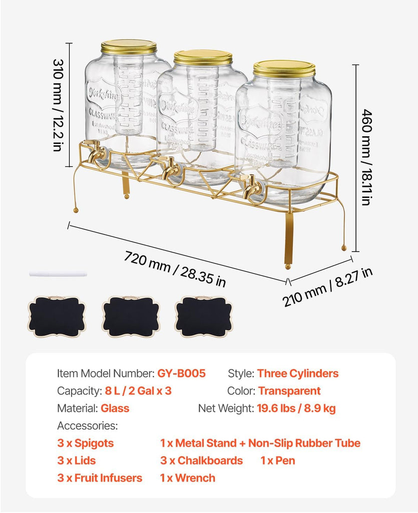Beverage Dispenser, 3 Pack 2 Gallon Drink Dispensers for Parties, Glass Juice Dispenser with Metal Stand, Stainless - Set of 3