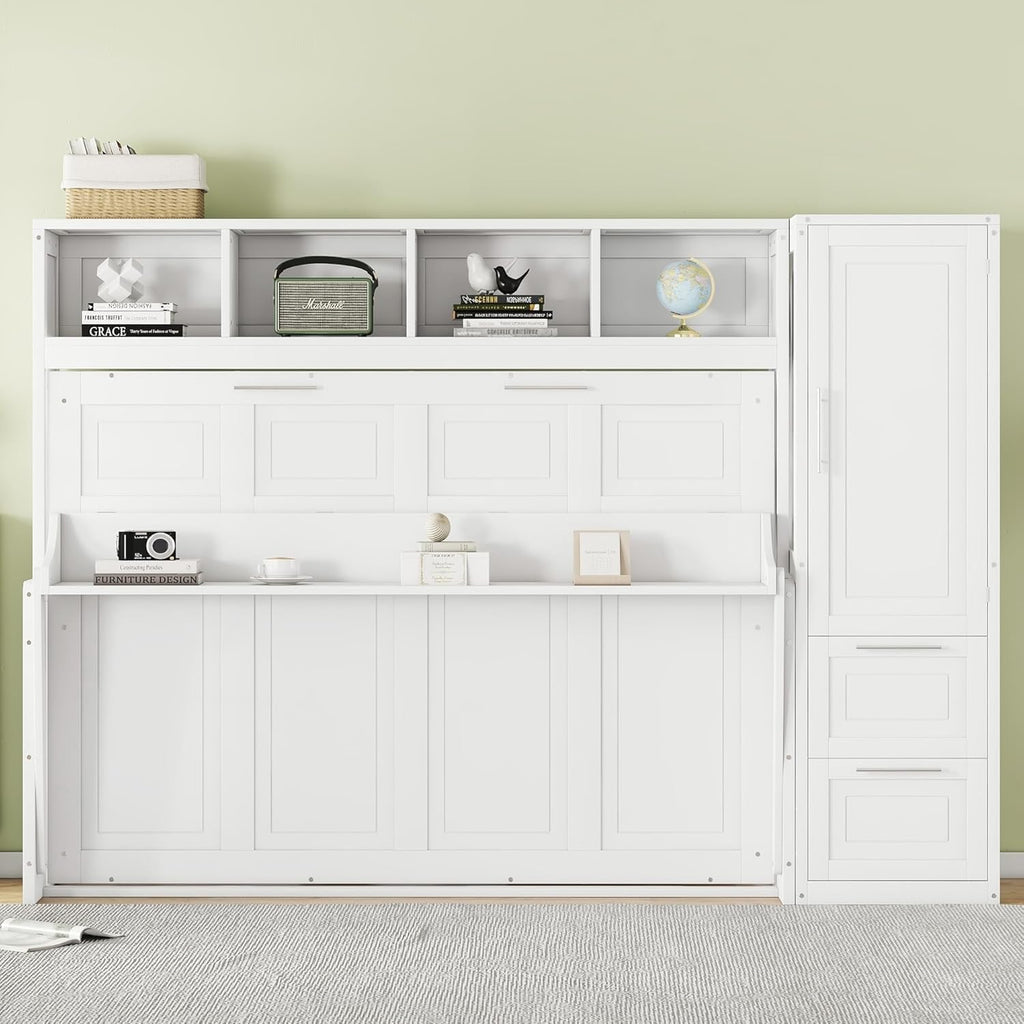 Full Horizontal Murphy Bed with Wardrobe Closet,2 Drawer,4 Storage Open Shelves,Wood Folding Murphy Wall Bed Cabinet