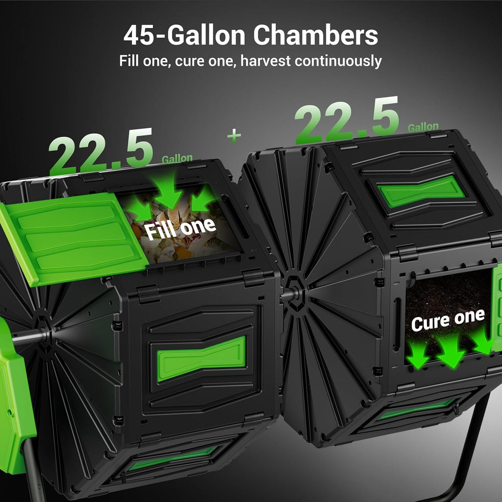 Compost Tumbler, Easy Assemble & Efficient Outdoor Compost Bin, 45 Gallon/170 Liter Large Dual Chamber Rotating