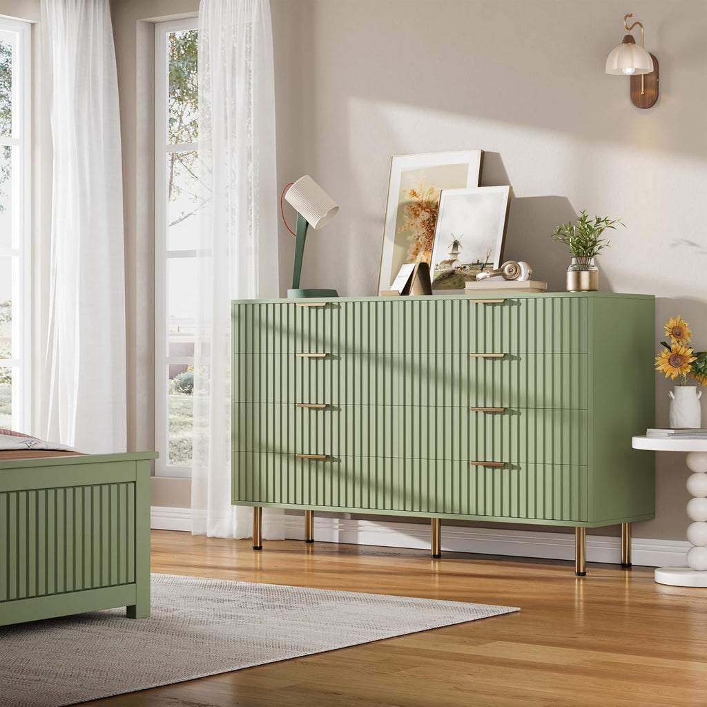 55" Fluted Green 8 Drawer Dresser with Deep Drawers