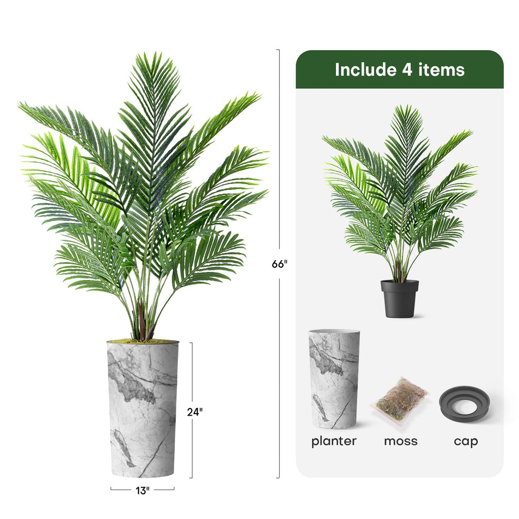 Artificial Tree in Gray Marble Effect Planter, Fake Areca Tropical Palm Silk Tree for Indoor and Outdoor Home