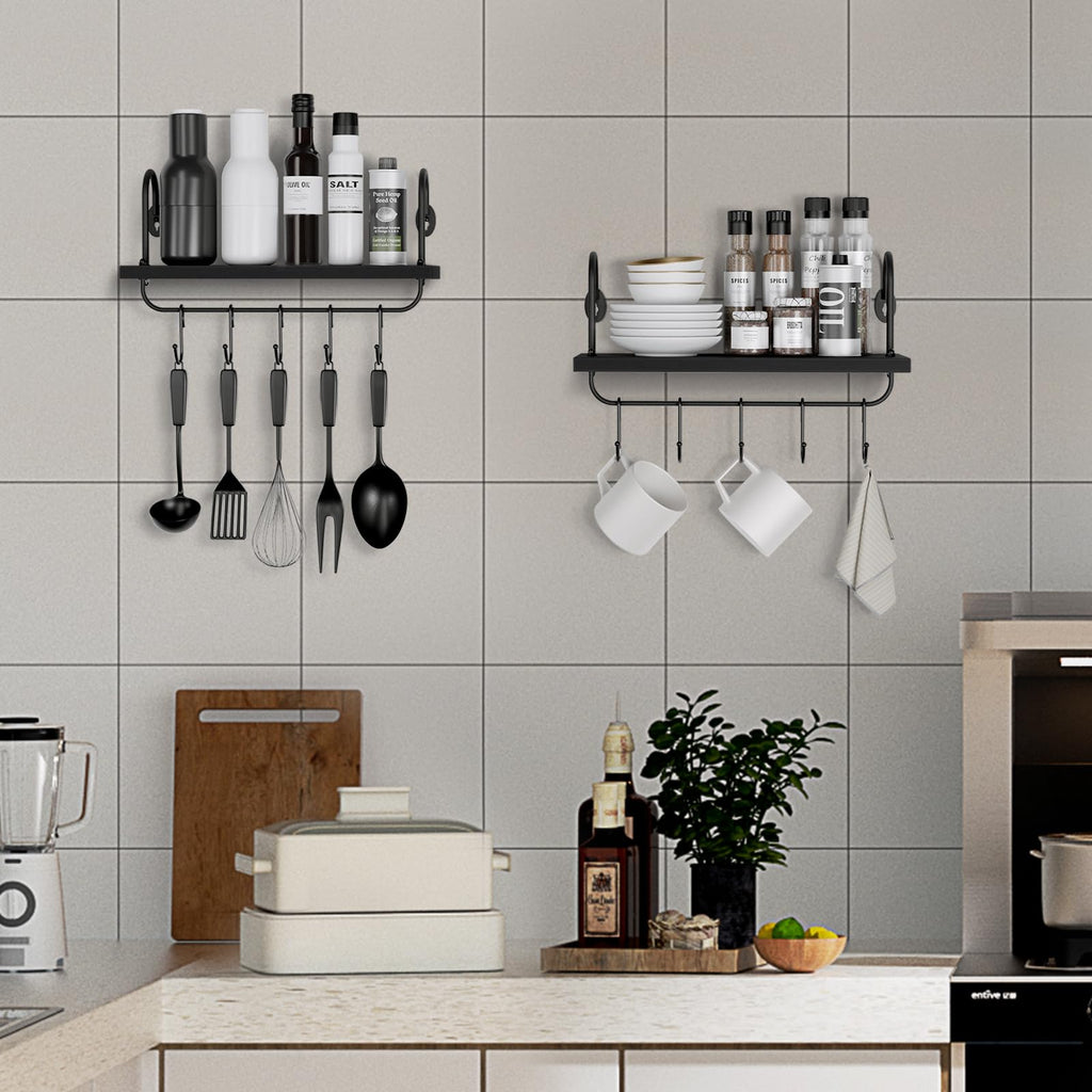 Floating Wall Shelves Bathroom Coffee Nook with 10 Adjustable Hooks for Mugs Cooking Utensils or Towel Rustic Storage