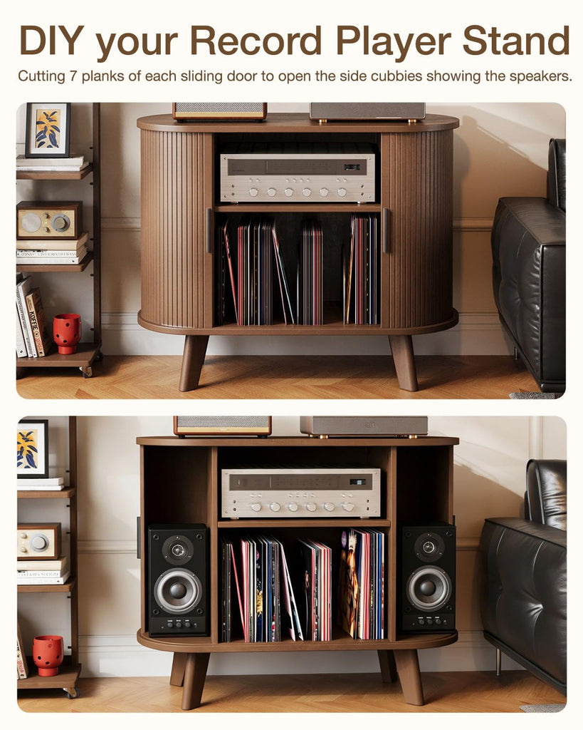 Record Player Stand, Midcentury Modern Furniture Turntable Stand with Sliding Doors, Audio-Video Shelving Cabinet